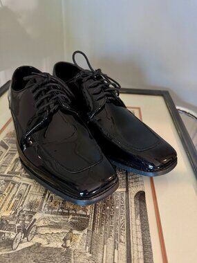 Vangelo Tux-3 Black Patent Classic tuxedo style with square toe.